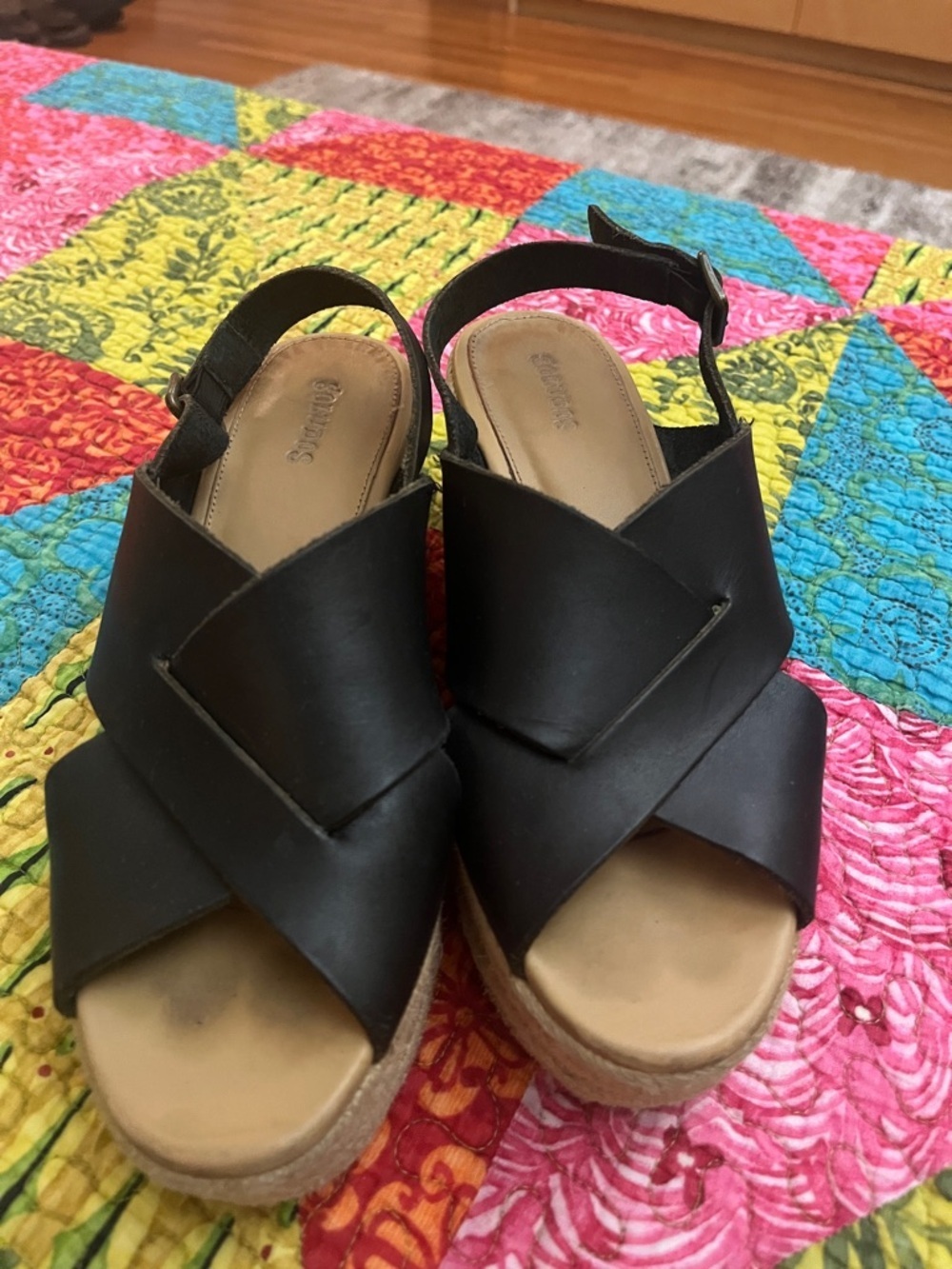Soludos Black Leather Crossband Espadrille Wedge Sandals